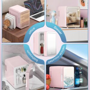 CUTIEWORLD Skincare Fridge With Dimmable LED Light Mirror, 4L Makeup Mini Fridge for Bedroom, Car, Office & Dorm, Cooler & Warmer, Portable Small Refrigerator for Cosmetics, Skin Care and Food, Pink