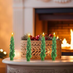 MTLEE 4 Pcs Christmas Tree Shaped Taper Candles Xmas Eve Holiday Candle Unscented Candlesticks for Christmas Party Room House Kitchen Decor Wedding Decorations Gift(Green,5 Inch)