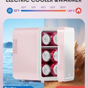 CUTIEWORLD Skincare Fridge With Dimmable LED Light Mirror, 4L Makeup Mini Fridge for Bedroom, Car, Office & Dorm, Cooler & Warmer, Portable Small Refrigerator for Cosmetics, Skin Care and Food, Pink