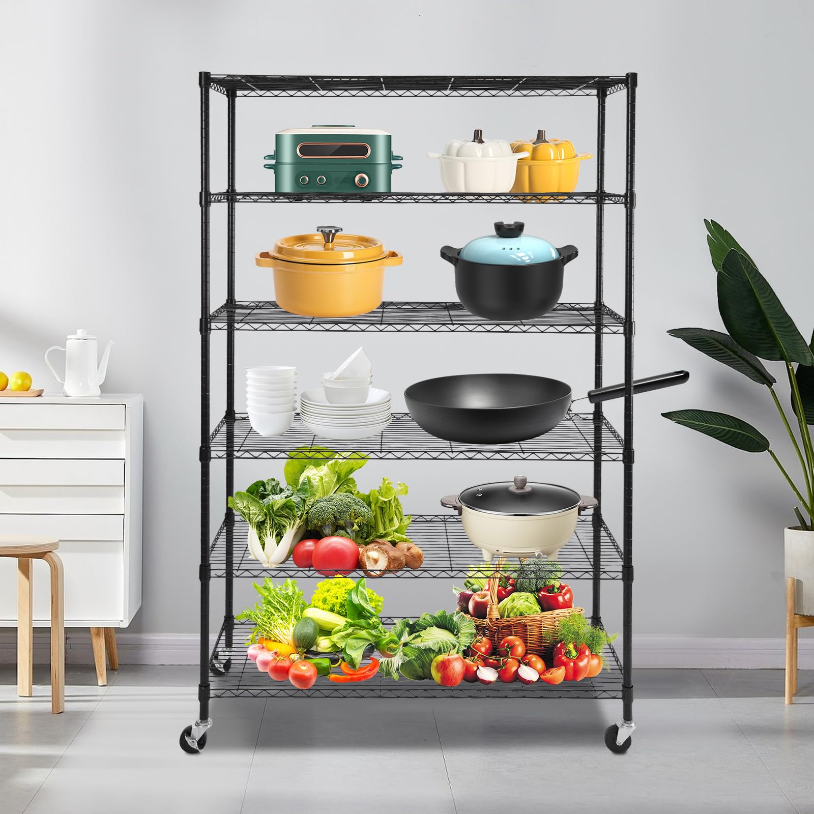 ZeStarDair Metal Shelve, Wire Shelving with Wheels 6-Tier Heavy Duty Storage Rack Utility Wire Rack 47 * 17 * 80 in Storage Shelving Unit Adjustable Storage Rack for Garage Kitchen Office (Black)