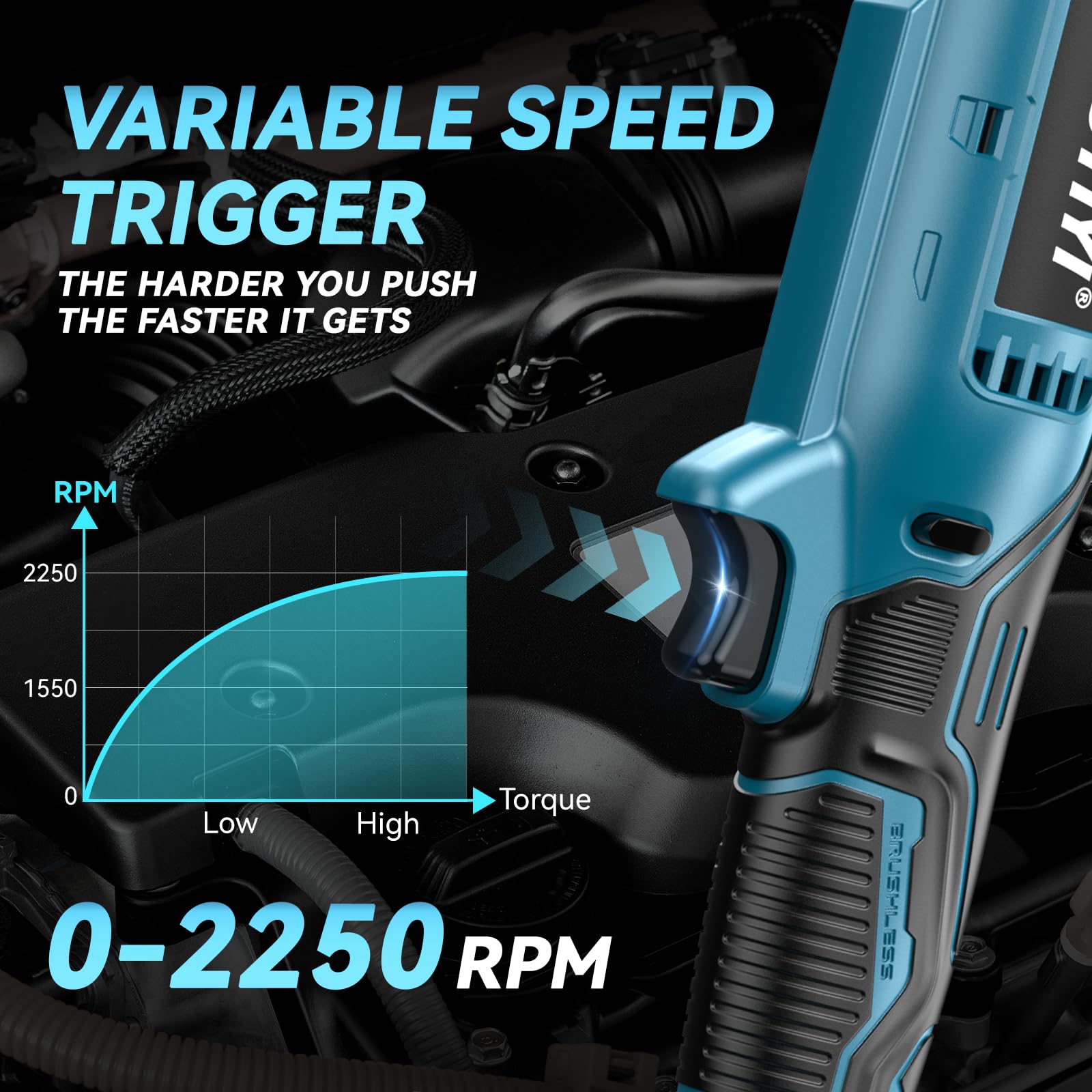 ZUYIYI 133Ft-lbs Cordless Ratchet Wrench 3/8" Set, 21V Electric Ratchet Wrench, 2250RPM Power Right Angle Wrench with 8 Sockets, 1/4" Adapter, 3" Extension Bar, 2× 2.0Ah Batteries & Charger