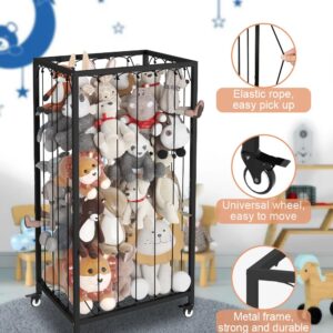 Ardier Stuffed Animal Storage Organizer with Wheels, Stuffed Animal Zoo Shelf with Elastic Rope for Nursery, Play Room, Bedroom, Kids Plush Toy Holder for Boys and Girls, Black.