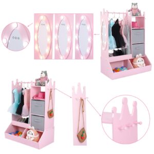 GarveeHome Girls' Dress Up Storage with Light & Mirror, Kids Armoire with Clothing Rack and Storage Bin, Pink