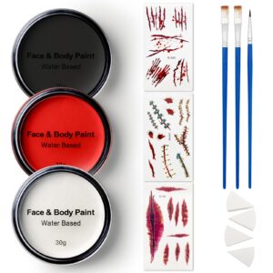 duseu halloween face painting kit with temporary tattoo, water based zombie makeup with brushes for halloween makeup, clown makeup with 3 painting brushes, 4 sponges, 3 halloween tattoo stickers