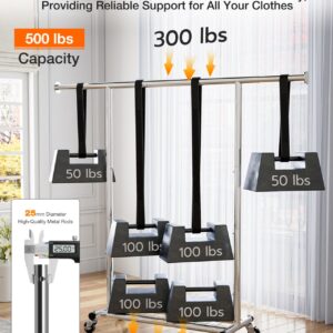 Frylr Heavy Duty Clothing Rack - Portable Metal Garment Rack with Wheels, Rolling Clothes Rack with Adjustable Hanging Rods, and Free Standing Design, Silver