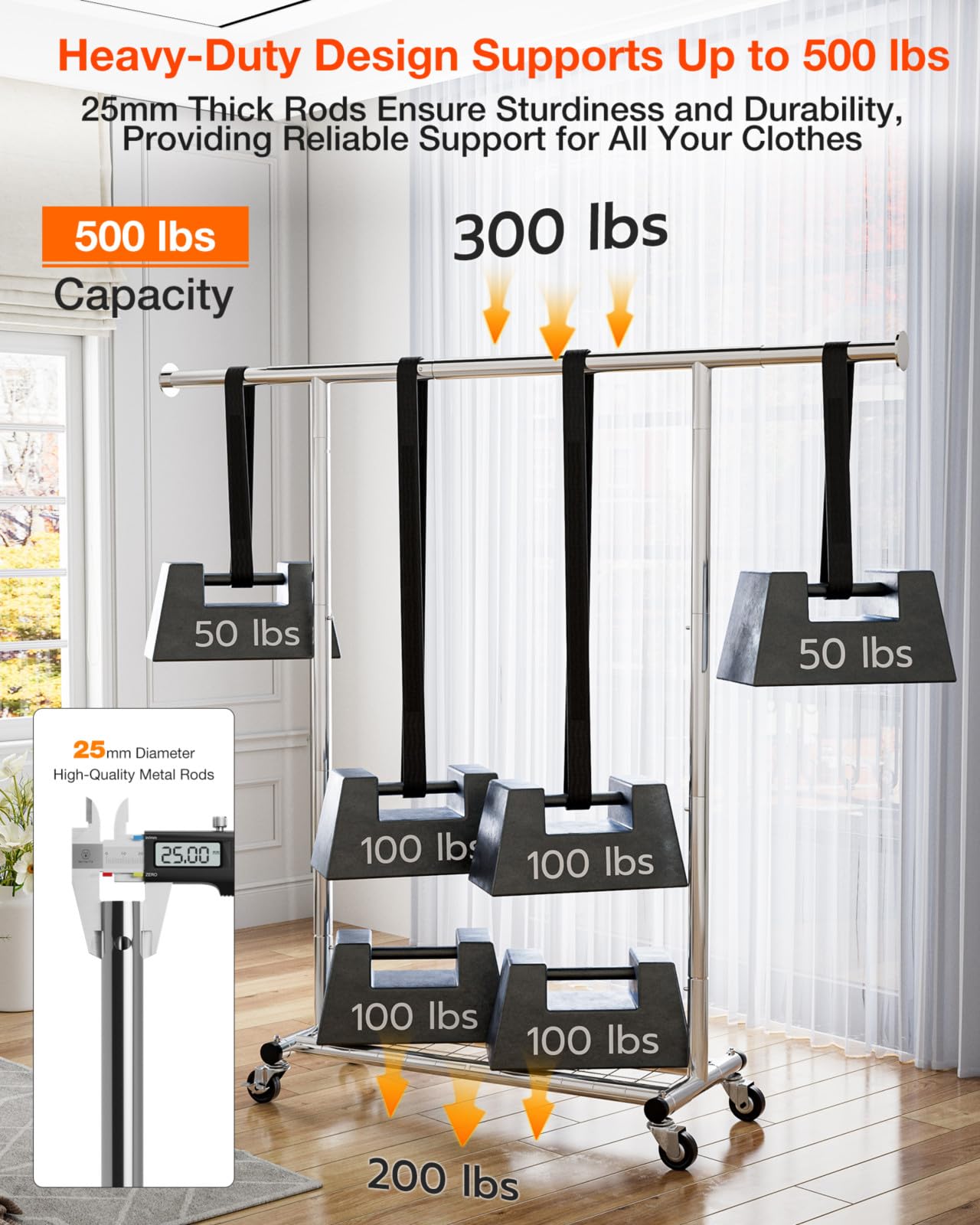 Frylr Heavy Duty Clothing Rack - Portable Metal Garment Rack with Wheels, Rolling Clothes Rack with Adjustable Hanging Rods, and Free Standing Design, Silver