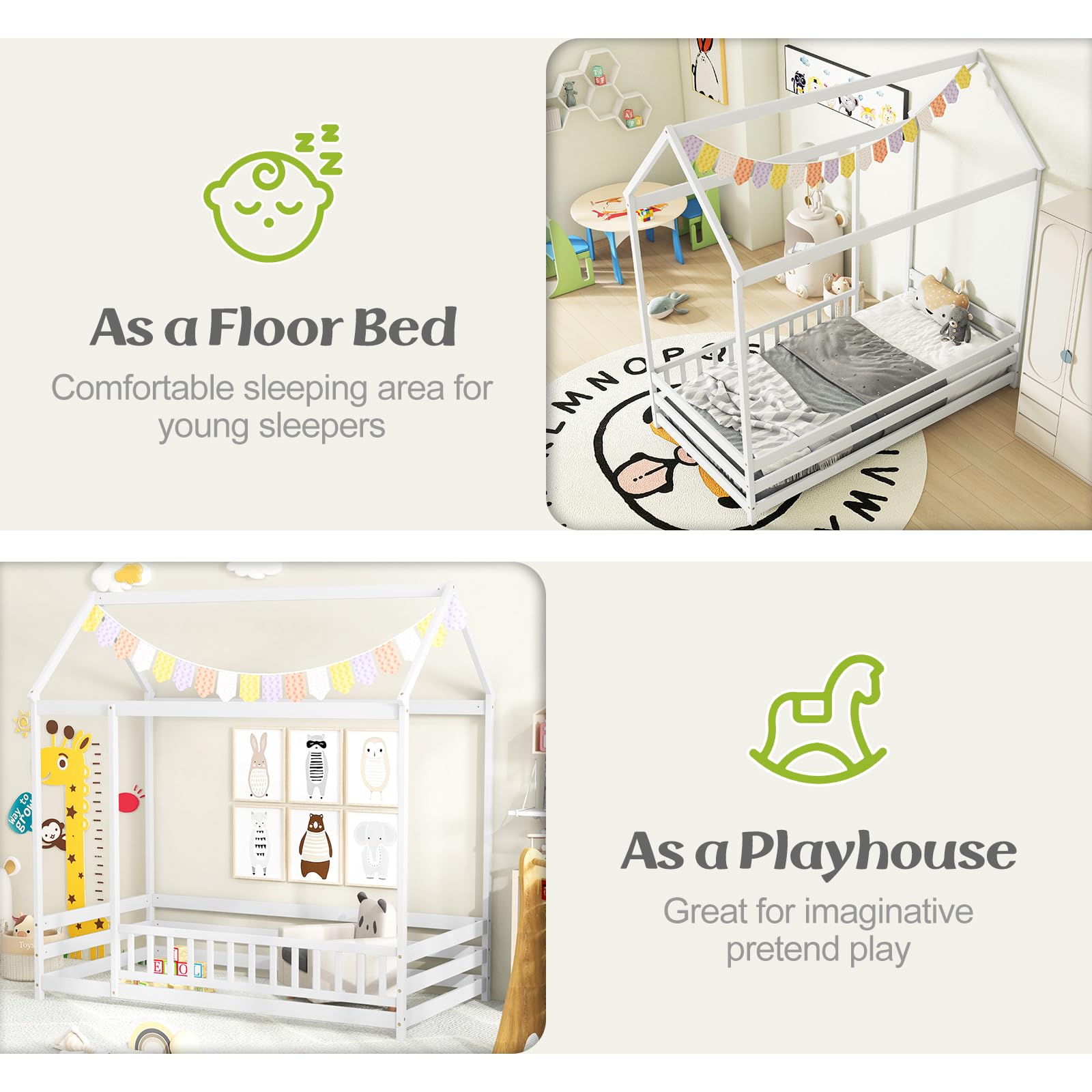 KOMFOTT Twin Size Floor House Bed, Wooden Montessori Bed with Roof & Full-Length Safety Guardrail, Floor Playhouse Bed Frame for Kids, Girls, Boys (White)