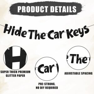 Hide the Car Keys Banner, Black Glitter 16th Birthday Banner Pre-Threaded 16 Birthday Party Supplies Funny 15th Birthday Decorations for 15 Boys & Girls