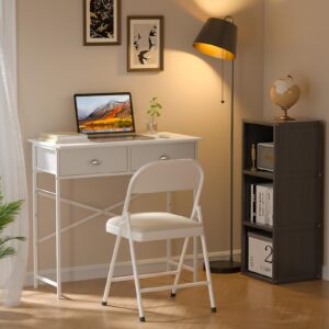 DAOUTIME Small Writing Desk for Kids Bedroom, 31.5 Inch Small Computer Desk for Small Spaces, Simple Desk with 2 Fabric Drawers for Home Office, Dorm, Living Room, Home Study Table, White