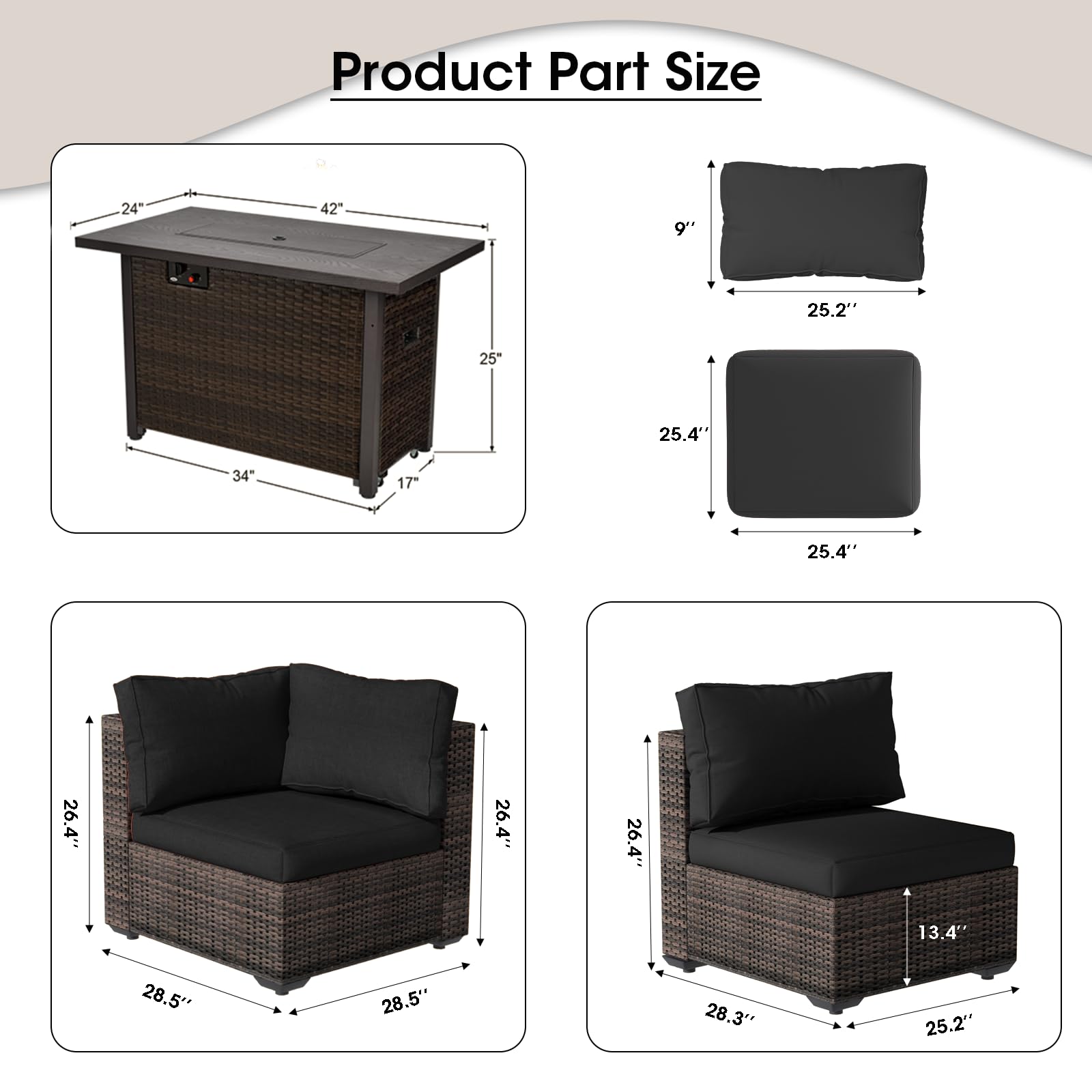 gaildon Patio Furniture Set, 7 PCS Outdoor Sectional Patio Furniture Set with 42" Fire Pit Table, All-Weather Rattan Wicker Sofa Couch for Garden Backyard Deck Poolside, Black