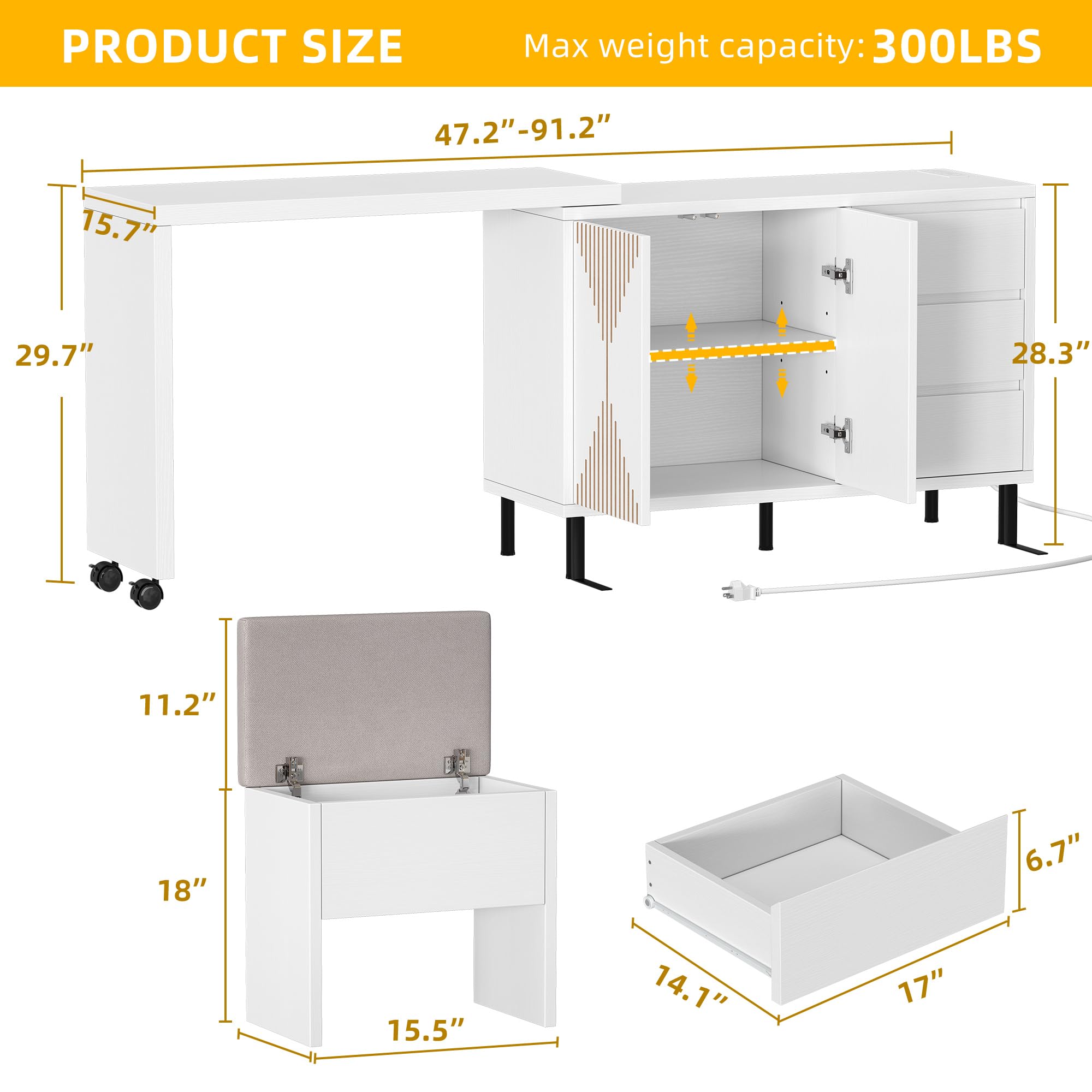 DWVO 360° Rotatable Computer Desk with Power Outlets & LED Lights, Corner Computer Desk with Drawers, Home Office Desk with Fluted Panel Doors, Extensible from 47.2" to 91.2"