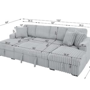 Olodumare 122’’ Oversized Sleeper Sectional Sofa with Pull Out Bed for Living Room, U-Shaped Convertible Couch with Double Chaise Storage for Small Space, Plush Comfy Corduroy Fabric Furniture, Grey