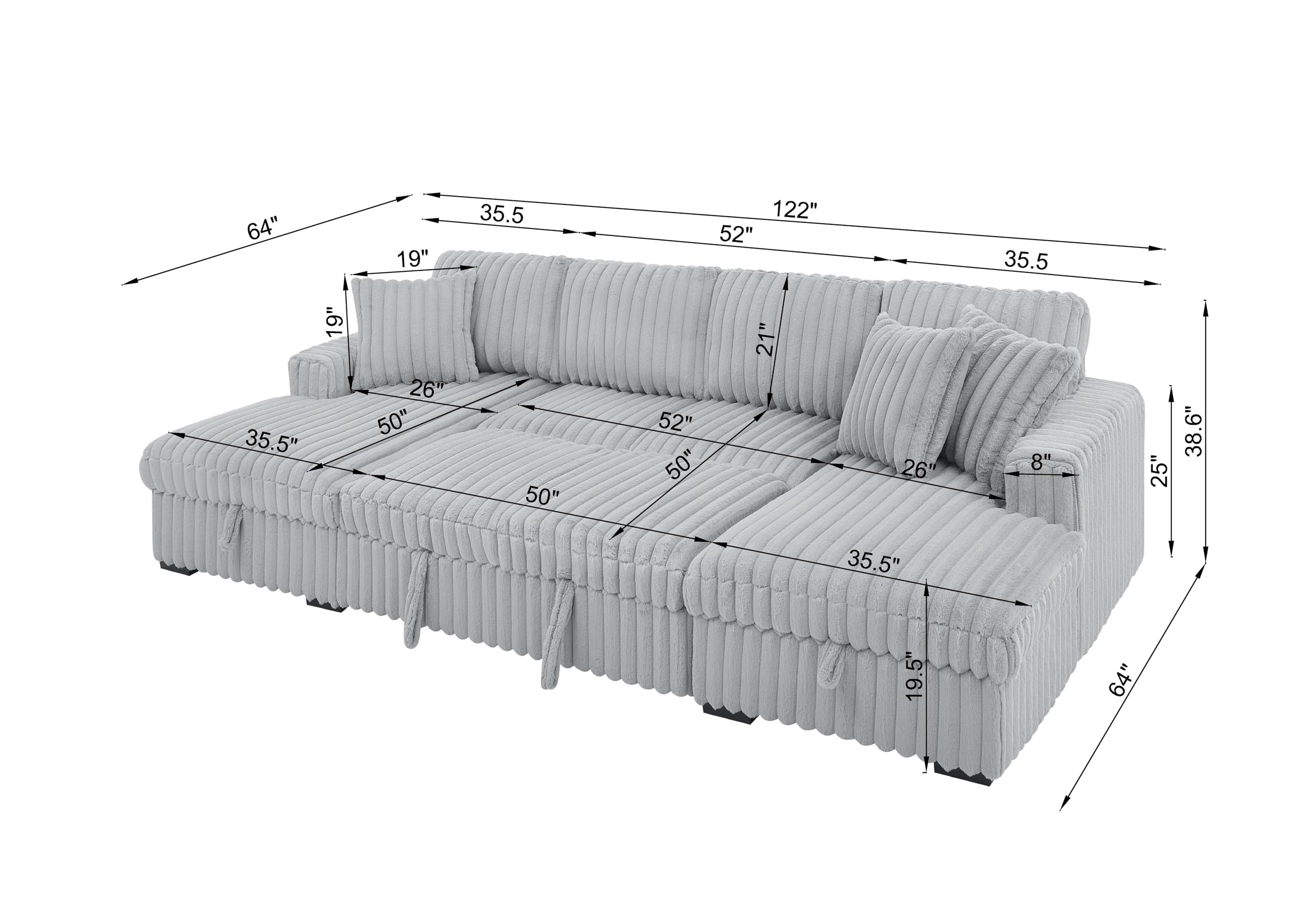 Olodumare 122’’ Oversized Sleeper Sectional Sofa with Pull Out Bed for Living Room, U-Shaped Convertible Couch with Double Chaise Storage for Small Space, Plush Comfy Corduroy Fabric Furniture, Grey