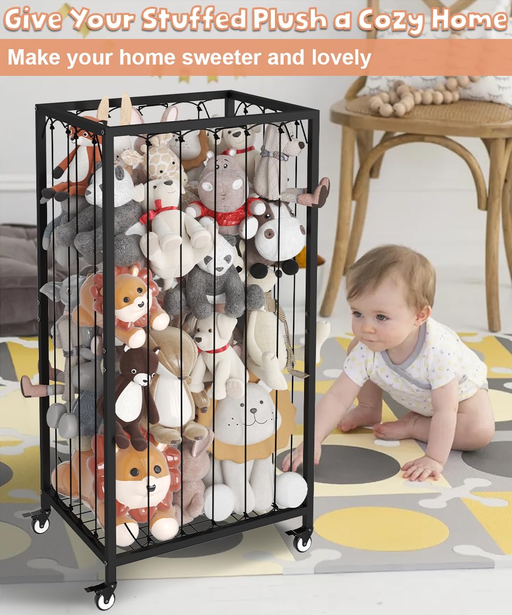 Ardier Stuffed Animal Storage Organizer with Wheels, Stuffed Animal Zoo Shelf with Elastic Rope for Nursery, Play Room, Bedroom, Kids Plush Toy Holder for Boys and Girls, Black.