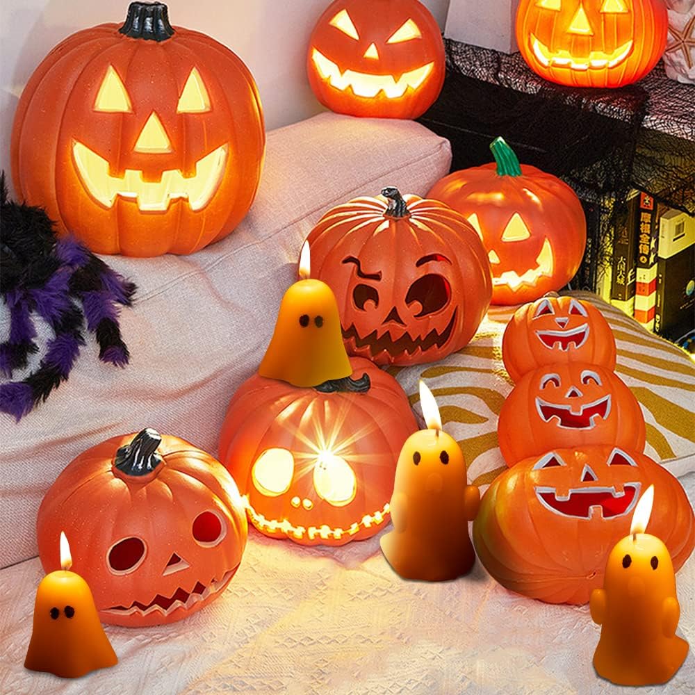 4 PCS Halloween Ghost Candles, Ghost Scented Candles, White Horror Spooky Tea Lights Candles Set Goth Gifts for Ghost Decor Fall Halloween Party Home Bedroom Room Table Decorations