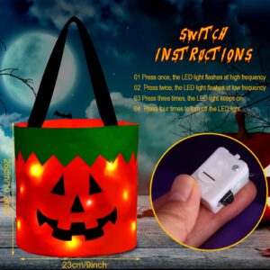 Hutuzldz Halloween Trick or Treat Candy Bags LED Light Up Pumpkin Bucket, Collapsible Reusable Candy Basket, Fabric Tote Gift Goody Bags for Kids Halloween Party (Orange)