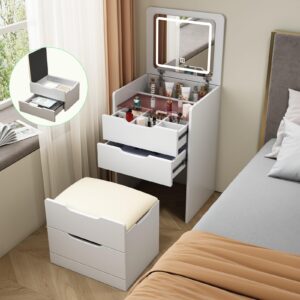 vanity desk & nightstand combo - flip top mirror, 3 drawers, bright led lights, and cushioned stool