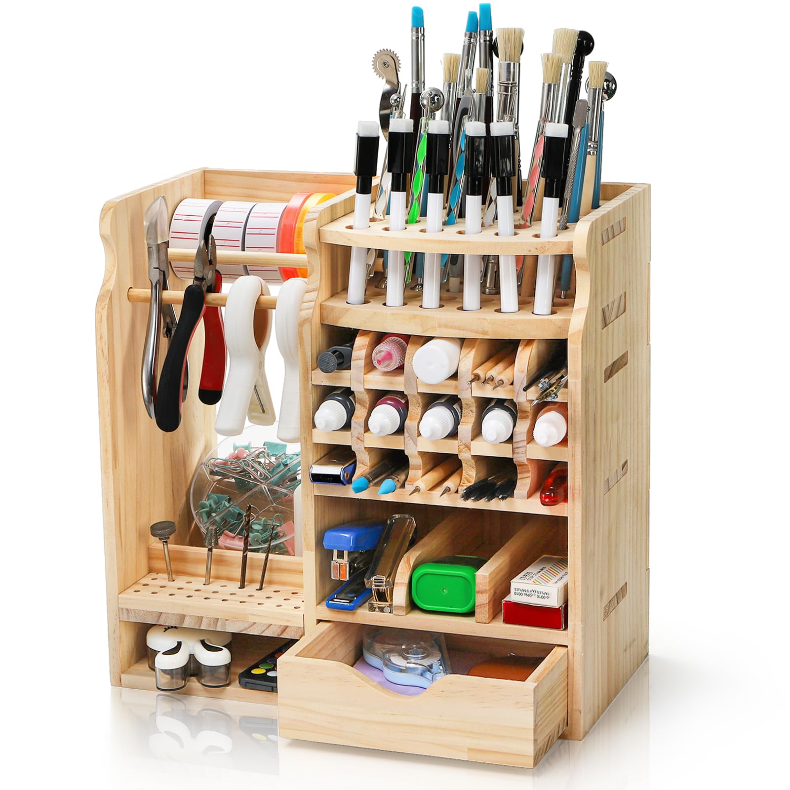 Mezchi Wooden Screwdriver Organizer Holder, 50 Slots Workbench Organizer with Drawer, Small Tool Organizer Storage, No Assembly Required Paint Brush Holder, Hobby Organizer for Paint Brushes, Tools