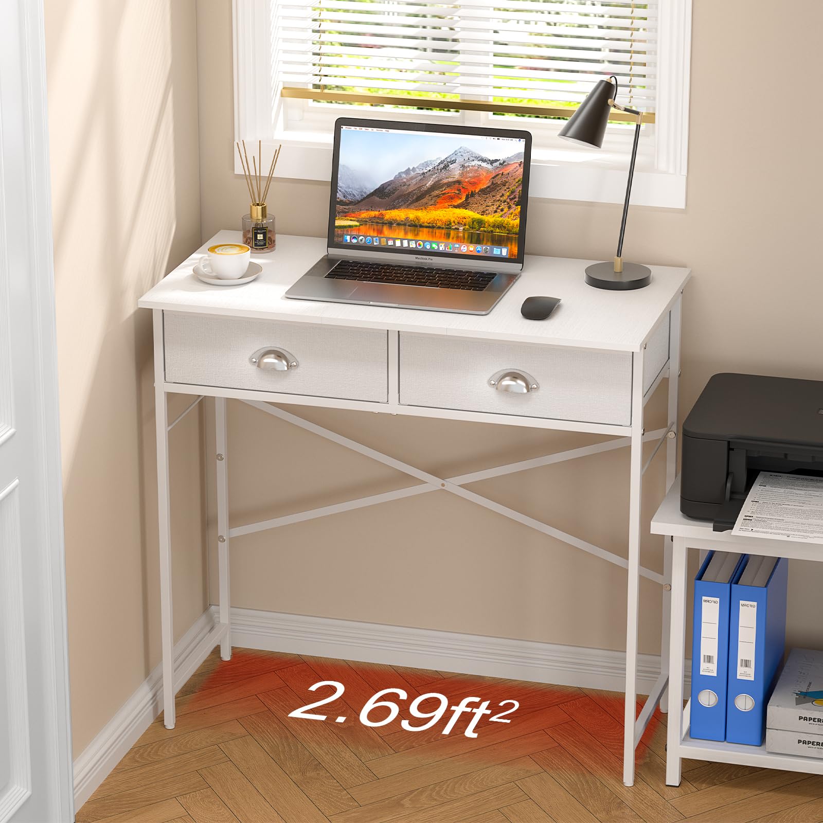 DAOUTIME Small Writing Desk for Kids Bedroom, 31.5 Inch Small Computer Desk for Small Spaces, Simple Desk with 2 Fabric Drawers for Home Office, Dorm, Living Room, Home Study Table, White