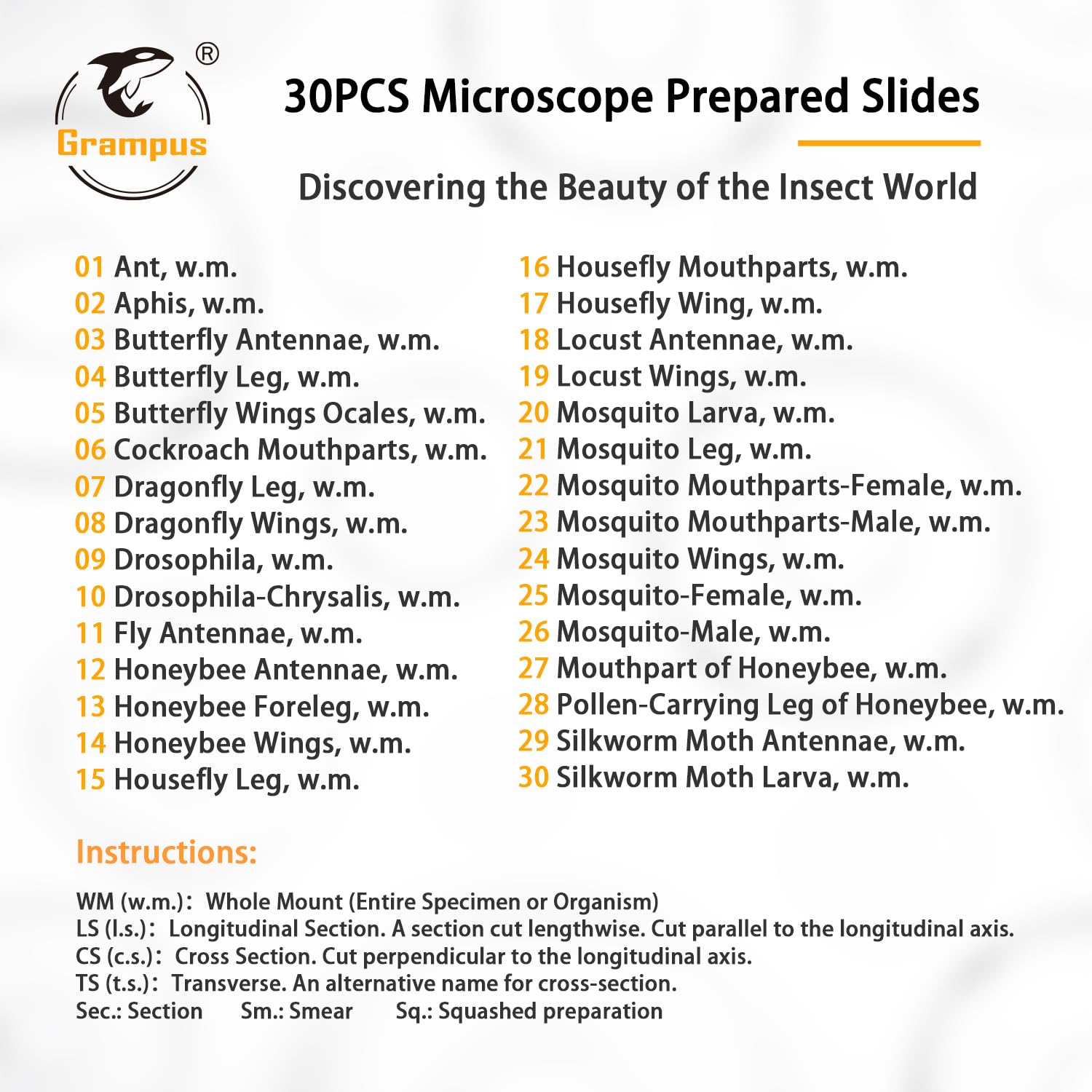 30 Prepared Microscope Slides with Specimens for Kids Students - Insects, for Biological Science Lab, Children's Science Education, Homeschooling Use