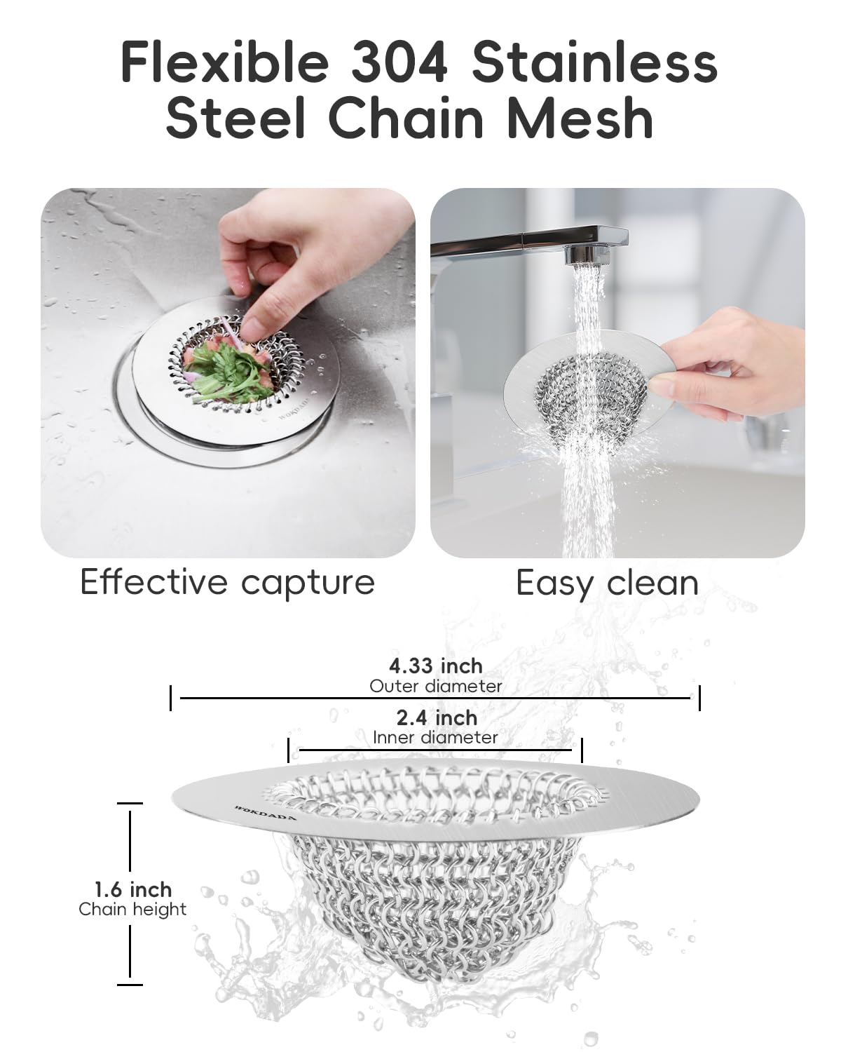 1Pack Kitchen Sink Drain Strainer for Easy Clean Large Basket & 1Pack Bathtub Drain Hair Catcher, Wokdada Fast Drainage Shower Drain Hair Catcher