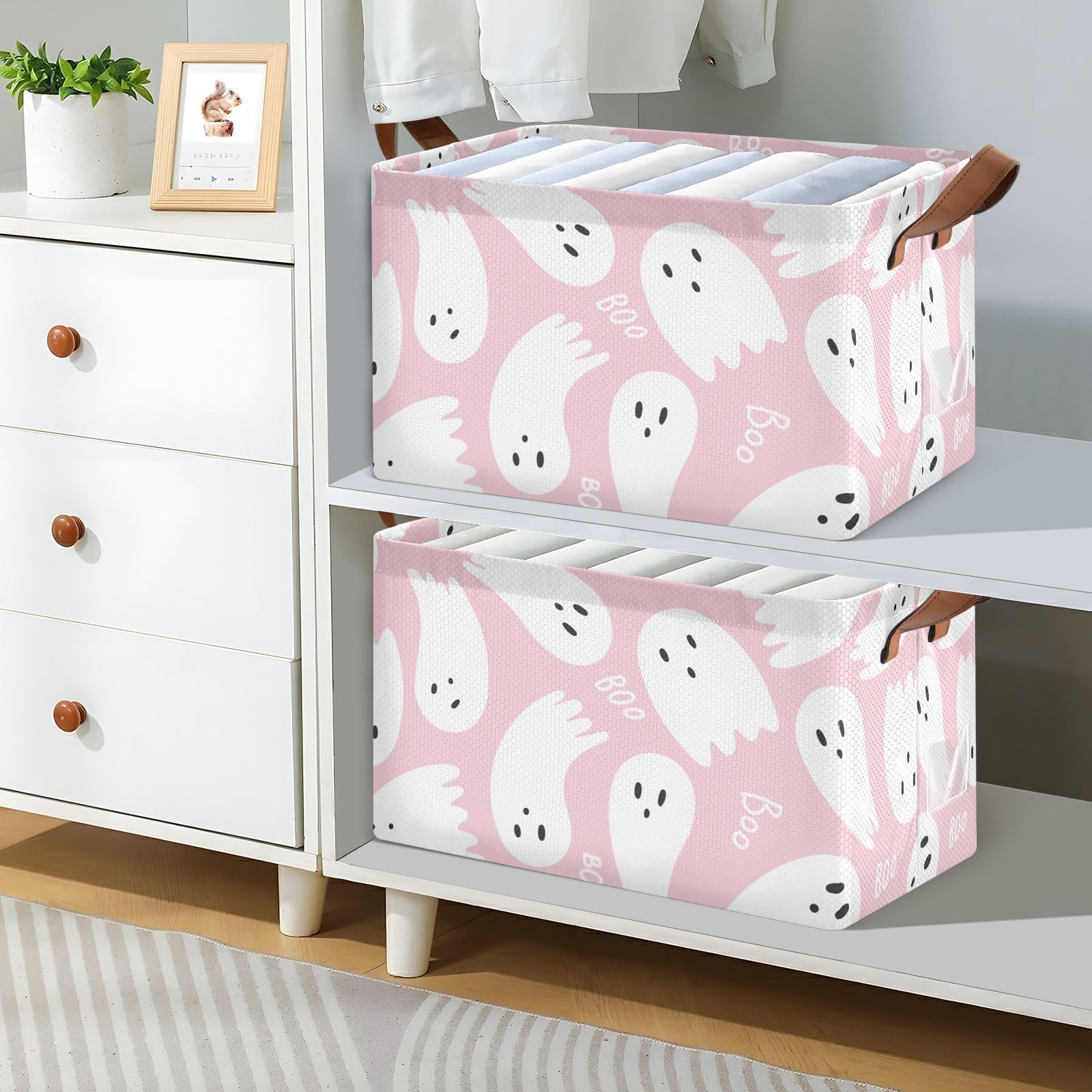 CEBUGI Pink Cute Halloween Apparitions Large Waterproof Collapsible Storage Bin Foldable Canvas Fabric Open Storage Basket Cube Box with Iron Frame