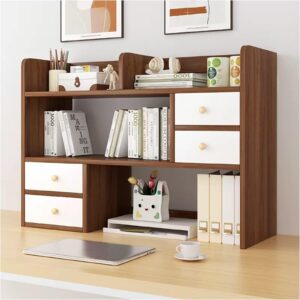 PAUANI Desktop Bookshelf - Countertop Hutch Bookshelf, Wooden Desk Organizer, Computer Desk Tabletop Bookshelf, Open Storage Display Rack, Multipurpose Countertop Hutch Bookshelf with Drawer(B)