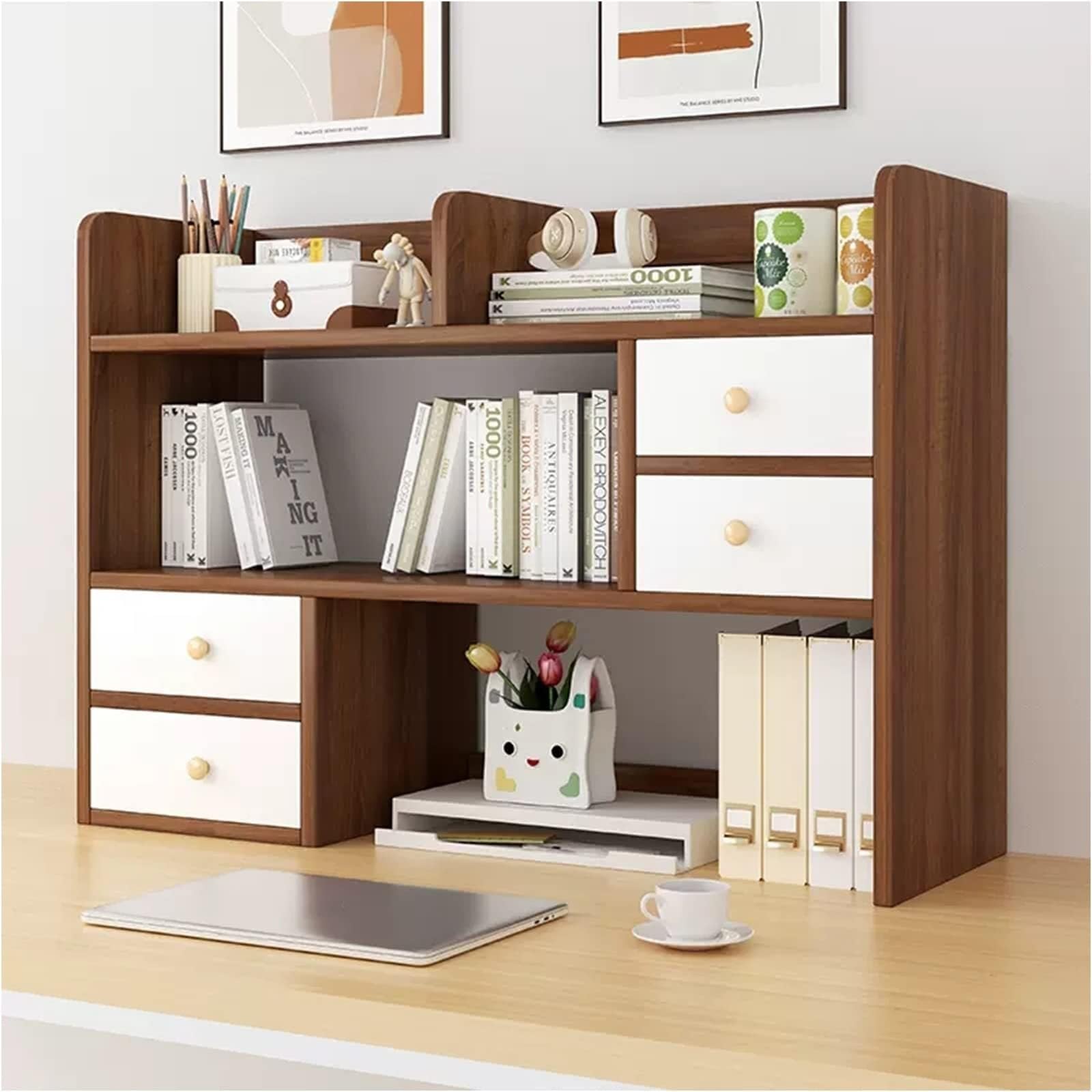 PAUANI Desktop Bookshelf - Countertop Hutch Bookshelf, Wooden Desk Organizer, Computer Desk Tabletop Bookshelf, Open Storage Display Rack, Multipurpose Countertop Hutch Bookshelf with Drawer(B)