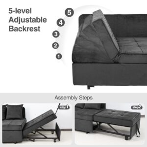 Convertible Sofa Bed 4-in-1 Velvet Sleeper Sofa Chair Bed Pull Out Futon Couch Bed with USB Ports 5 Adjustable Backrest and Pillow Fold Out Ottoman Bed for Adults Small Spaces Living Room, Dark Grey