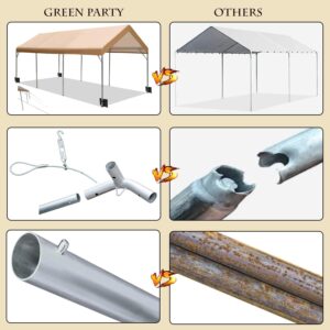 GREEN PARTY Carport, 10’ X 20’ Heavy Duty Car Canopy with Powder-Coated Steel Frame, Portable Car Canopy Party Tent Garage Boat Shelter with Sand Bag, Waterproof & UV Protected Tarp, 8 Legs, Beige