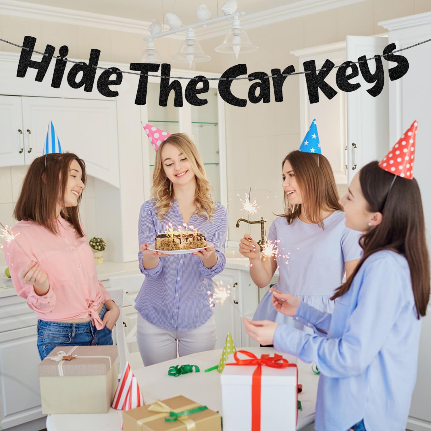 Hide the Car Keys Banner, Black Glitter 16th Birthday Banner Pre-Threaded 16 Birthday Party Supplies Funny 15th Birthday Decorations for 15 Boys & Girls