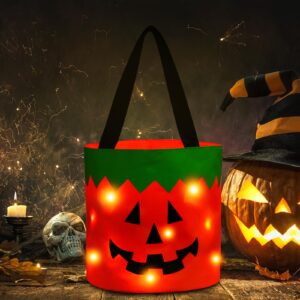 hutuzldz halloween trick or treat candy bags led light up pumpkin bucket, collapsible reusable candy basket, fabric tote gift goody bags for kids halloween party (orange)