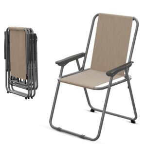 amopatio patio folding chairs set of 4, outdoor chair foldable dining chairs with armrests for outside lawn garden porch and pool, brown