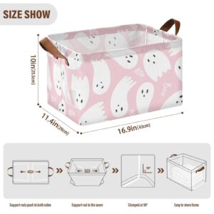 CEBUGI Pink Cute Halloween Apparitions Large Waterproof Collapsible Storage Bin Foldable Canvas Fabric Open Storage Basket Cube Box with Iron Frame