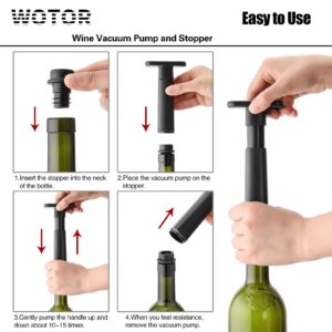 WOTOR Wine Saver Vacuum Pump with 4 Stoppers, Wine Stopper, Wine Preserver, Reusable Bottle Sealer Keeps Wine Fresh, Ideal Wine Accessories Gift (Flat Handle)