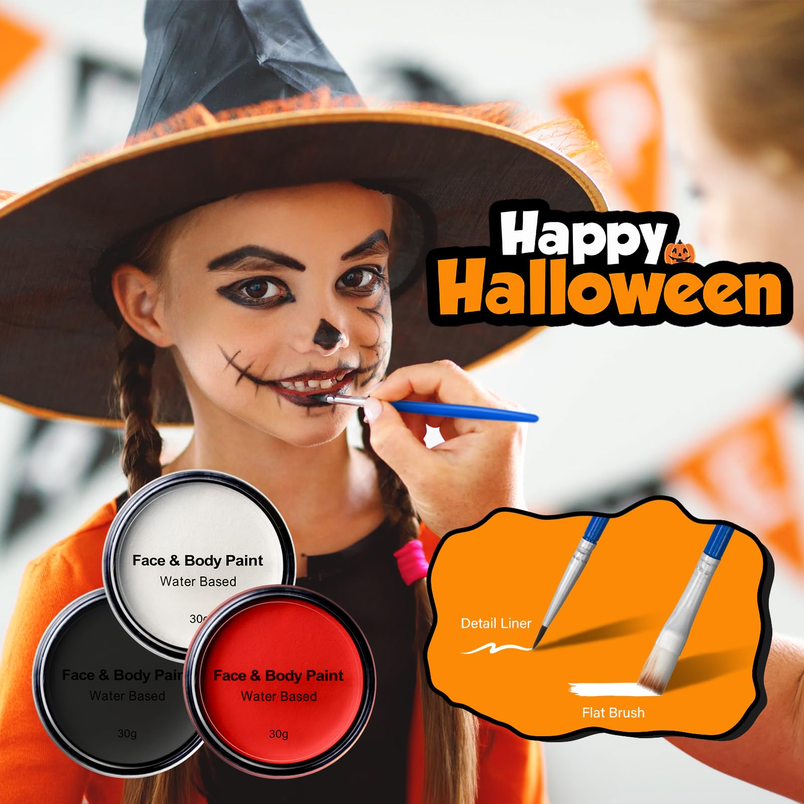 Duseu Halloween Face Painting Kit with Temporary Tattoo, Water Based Zombie Makeup with Brushes for Halloween Makeup, Clown Makeup with 3 Painting Brushes, 4 Sponges, 3 Halloween Tattoo Stickers