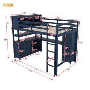 VilroCaz Wood Loft Bed with Built-in Desk and Wardrobe, Modern Full Size Loft Bed Frame with Cabinet and Bookshelf for Kids Teens Adults Bedrooms, Maximize Space (Dark Blue-7.22)