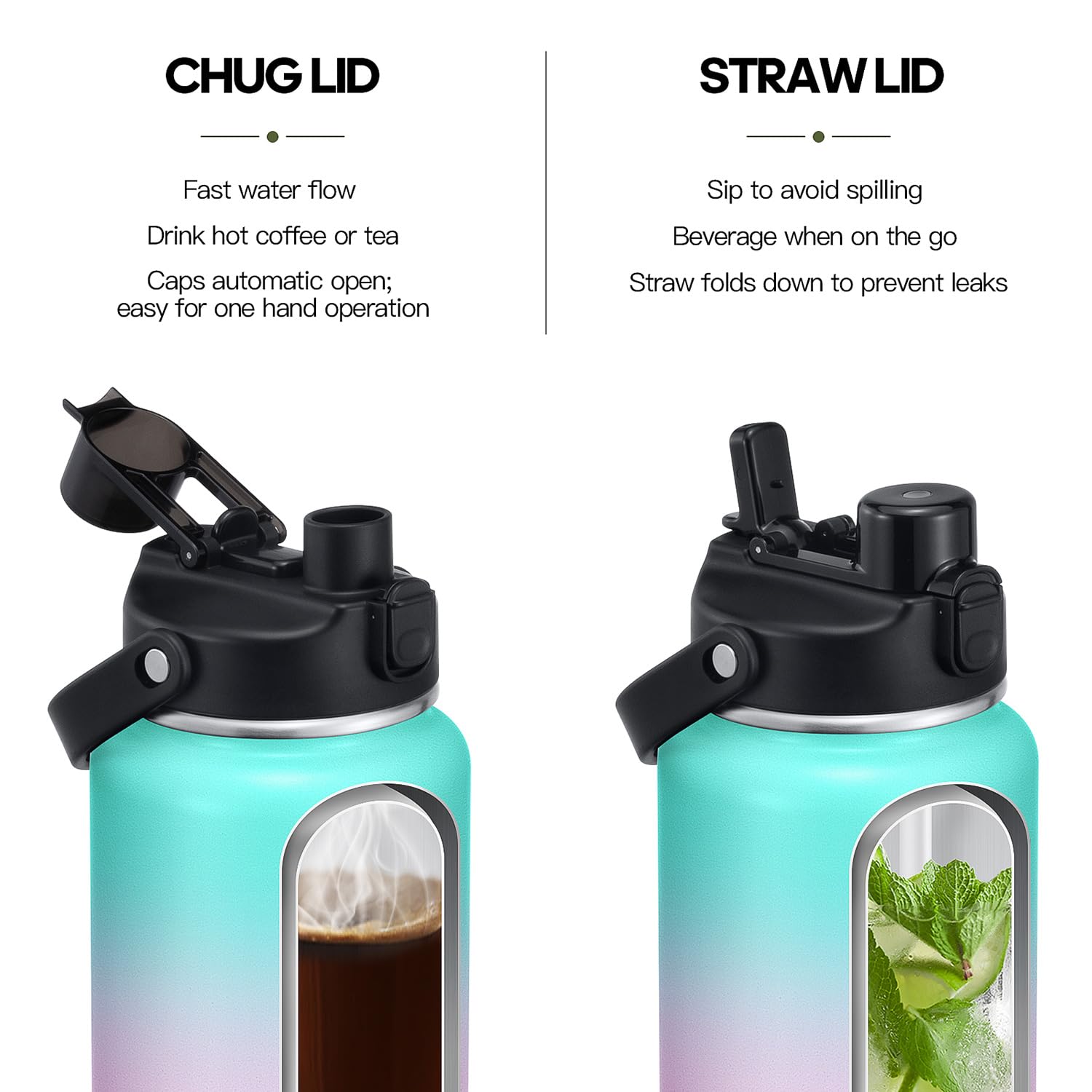 Half Gallon Insulated Water Bottle with 2-in-1 Lid (Chug Lid/Straw Lid), 40/64oz Double Walled Vacuum Stainless Steel Water Bottles, Water Jug with Straw