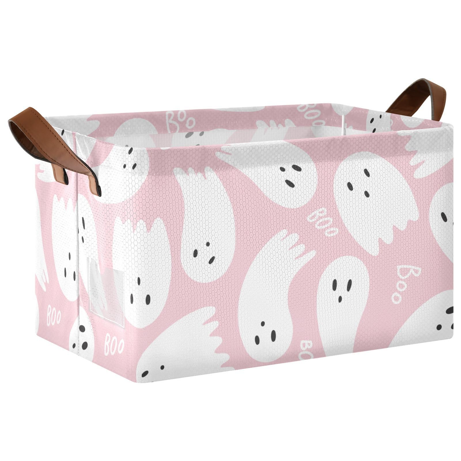 CEBUGI Pink Cute Halloween Apparitions Large Waterproof Collapsible Storage Bin Foldable Canvas Fabric Open Storage Basket Cube Box with Iron Frame