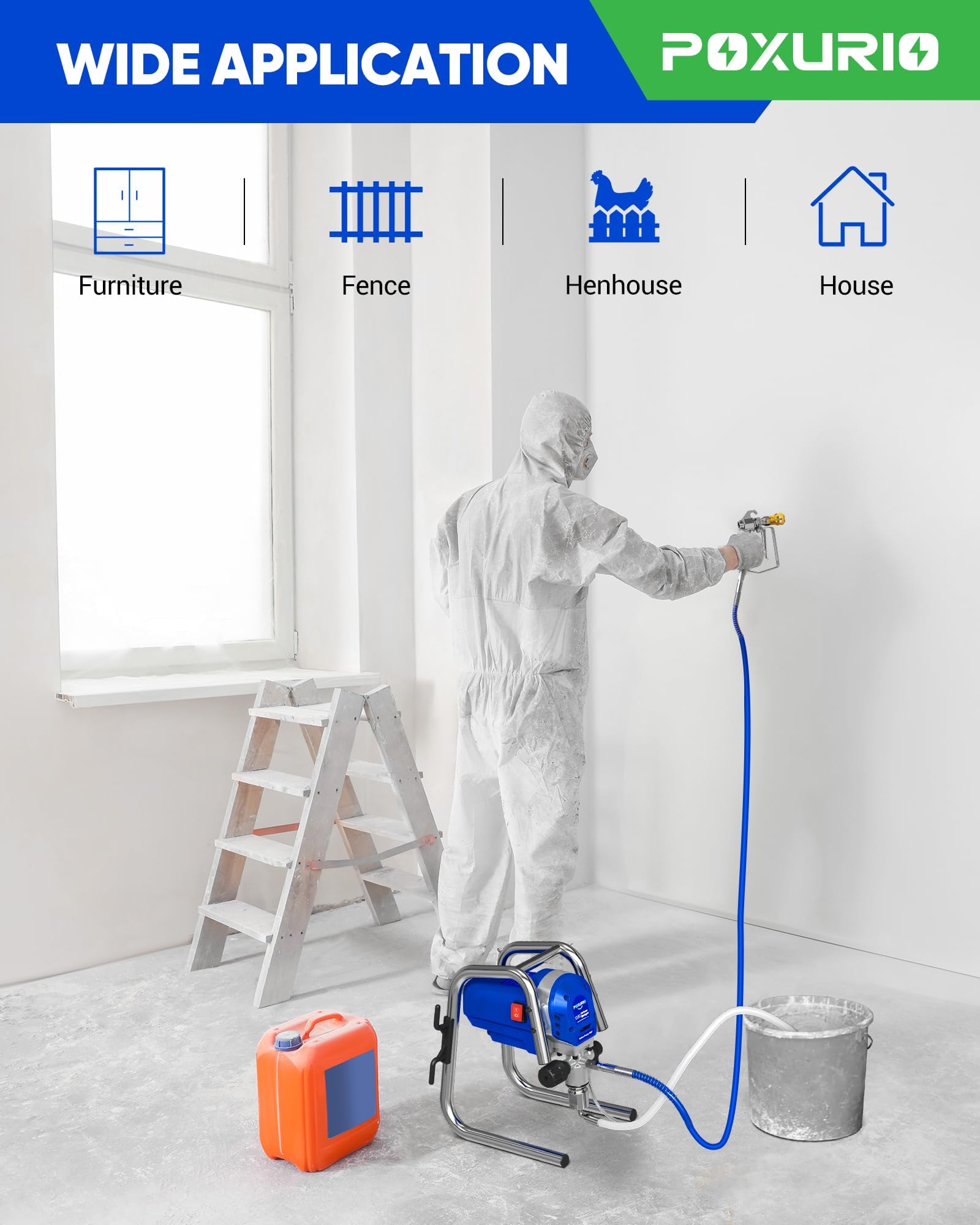 POXURIO 1200W Airless Paint Sprayer, 3300PSI High Efficiency Electric Paint Sprayer with Extension Rod, Thinning-Free Stand Airless Sprayer for Home Exterior and Interior, Garage, Deck, Furniture