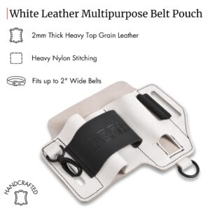 FESA EDC Leather Multitool Sheath - Top Grain Leather EDC Pouch Organizer for Flashlight, Tactical Knife Multitool & Pen - with Keyring Clip - Work & Everyday Use Utility Belt Pouch for Men (White)