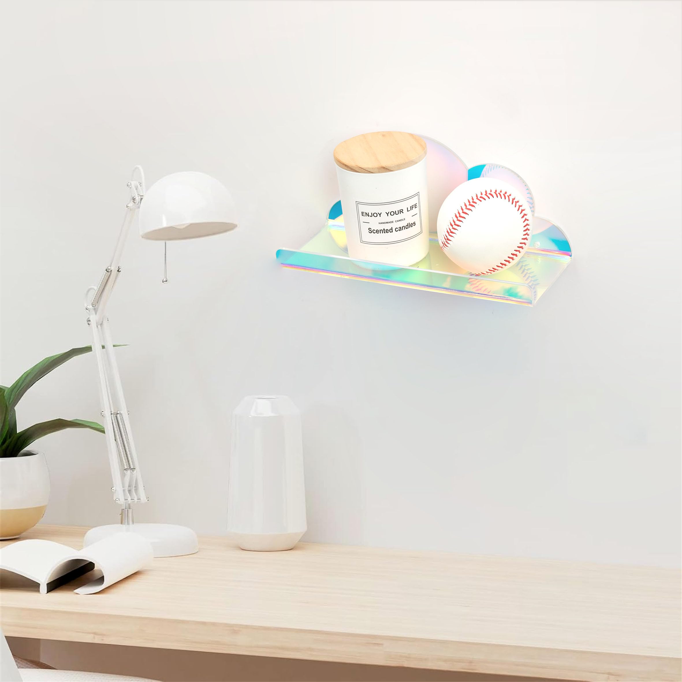 Lesnala 2Pcs Cloud Mini Shelf Iridescent Floating Shelves Floating Shelves for Wall Acrylic Wall Mounted Iridescent Acrylic Shelves with Stickers and Screws for Bathroom Bedroom Living Room Office