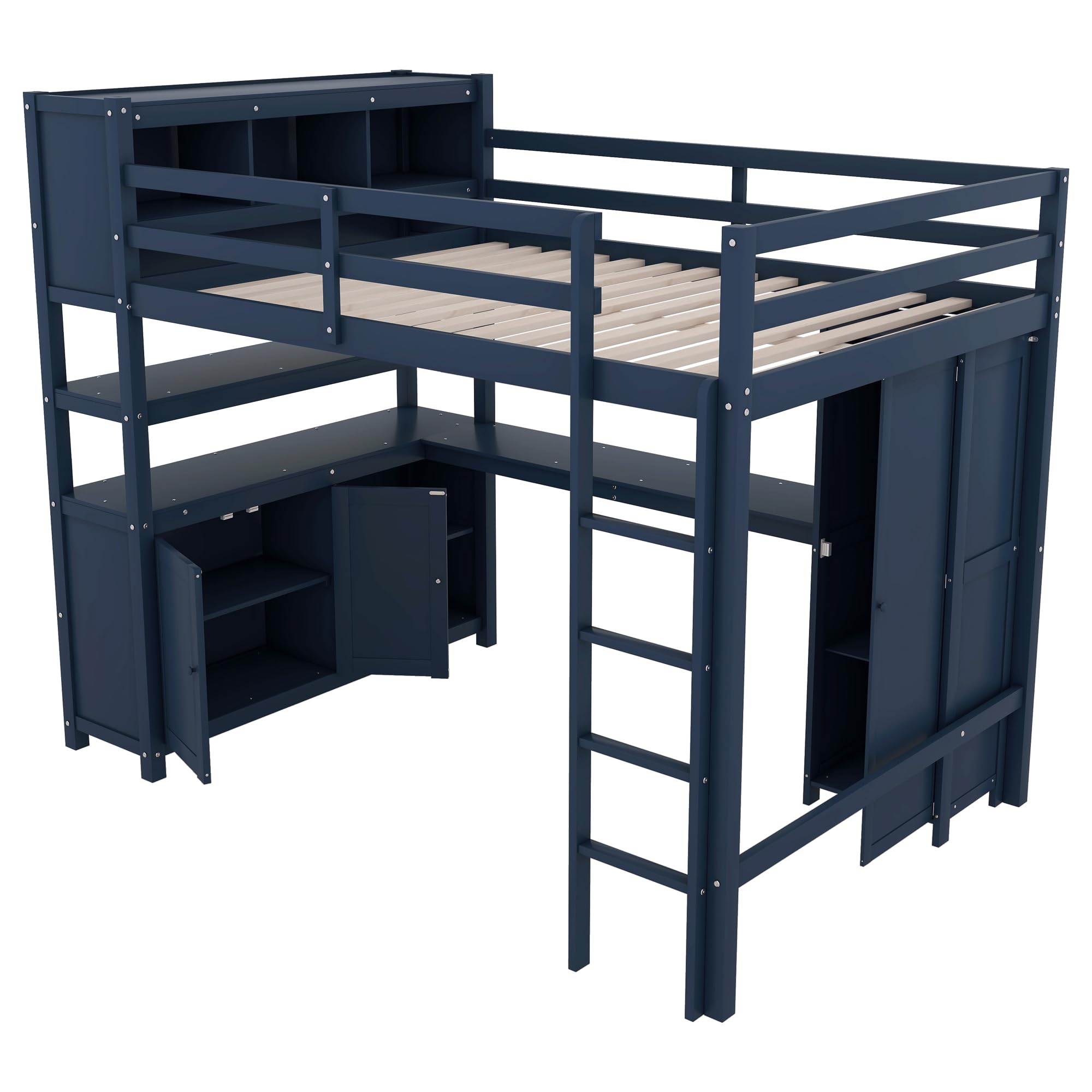 VilroCaz Wood Loft Bed with Built-in Desk and Wardrobe, Modern Full Size Loft Bed Frame with Cabinet and Bookshelf for Kids Teens Adults Bedrooms, Maximize Space (Dark Blue-7.22)