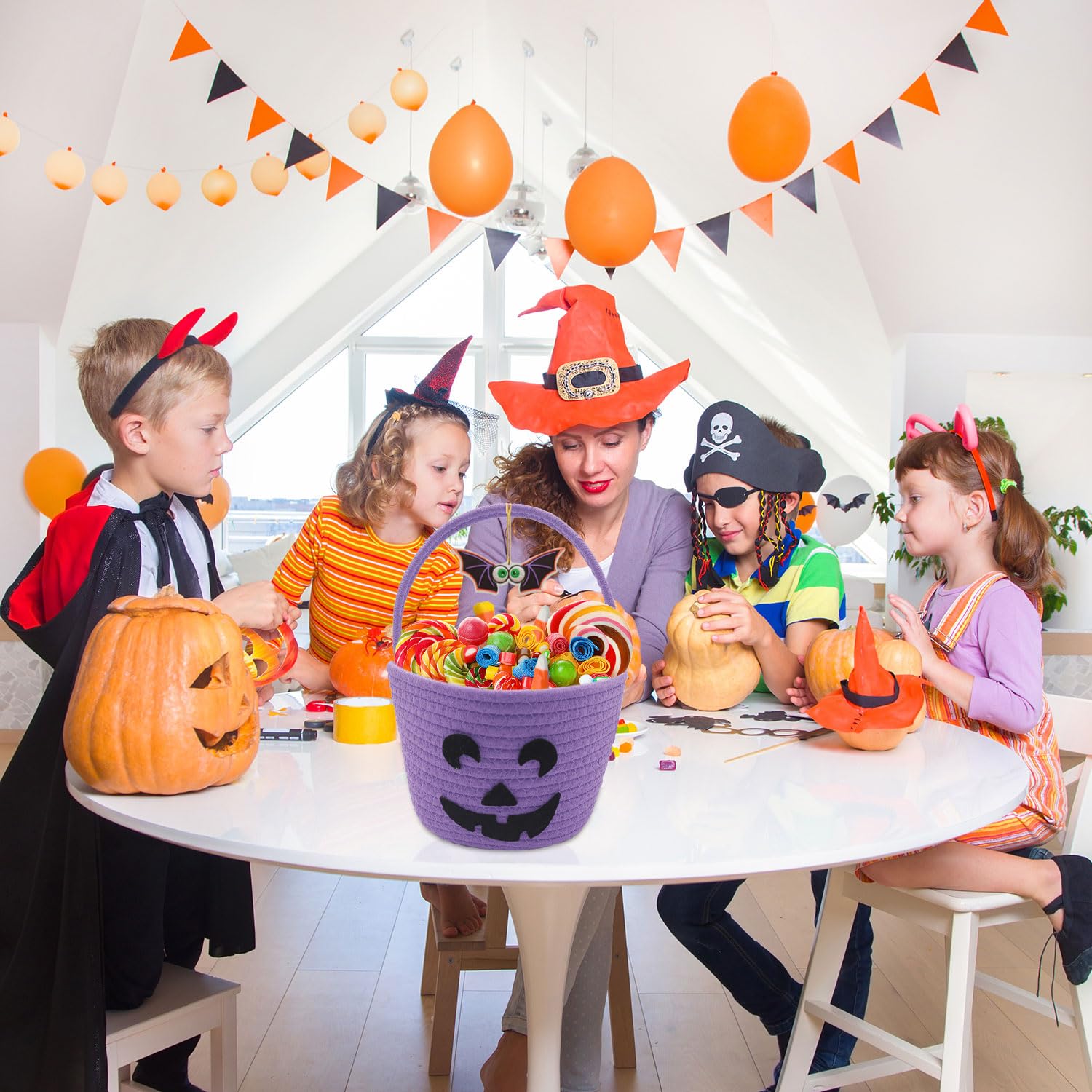 ZWHTB Halloween Basket for Kids, Trick or Treat Basket, Cute Pumpkin Candy Bucket, Boo Spooky Small Baskets, Jack O Lantern Bags for Girls/Boys Gift Baskets Empty