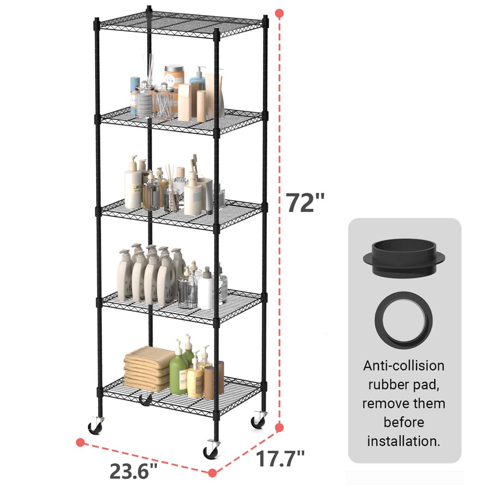 5 Tier Storage Shelves with Wheels, Heavy Duty Metal Garage Shelving Unit and Adjustable Feet, 865lb High Capacity Rolling Storage Shelf for Kitchen, Office, Dining Room (23.6"x 17.7"x 72"), Black