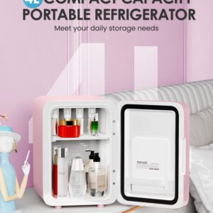 CUTIEWORLD Skincare Fridge With Dimmable LED Light Mirror, 4L Makeup Mini Fridge for Bedroom, Car, Office & Dorm, Cooler & Warmer, Portable Small Refrigerator for Cosmetics, Skin Care and Food, Pink