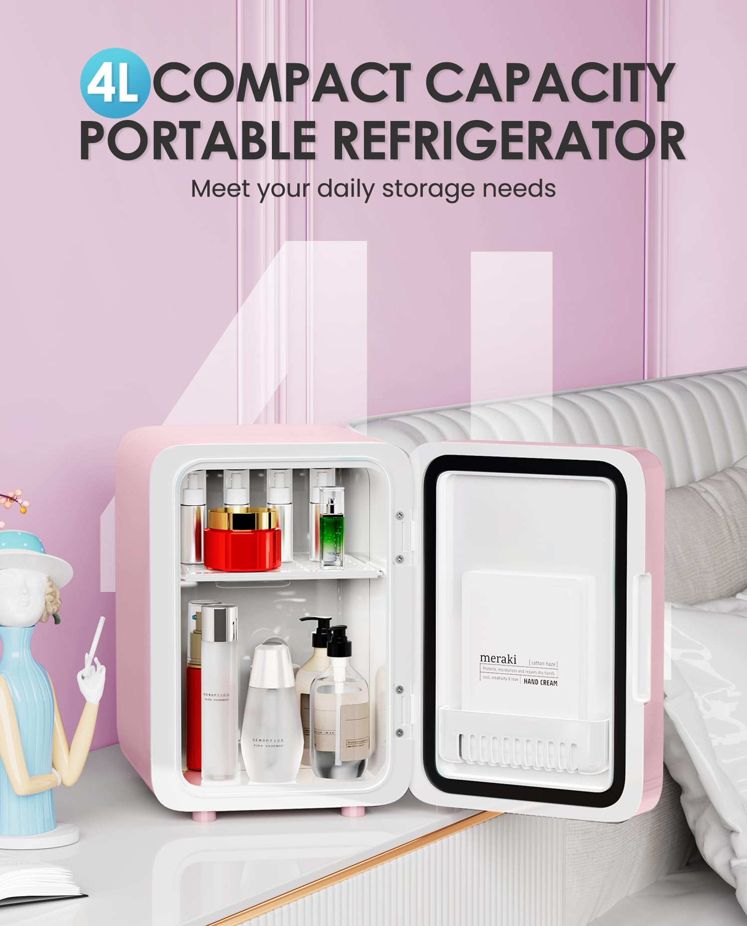 CUTIEWORLD Skincare Fridge With Dimmable LED Light Mirror, 4L Makeup Mini Fridge for Bedroom, Car, Office & Dorm, Cooler & Warmer, Portable Small Refrigerator for Cosmetics, Skin Care and Food, Pink