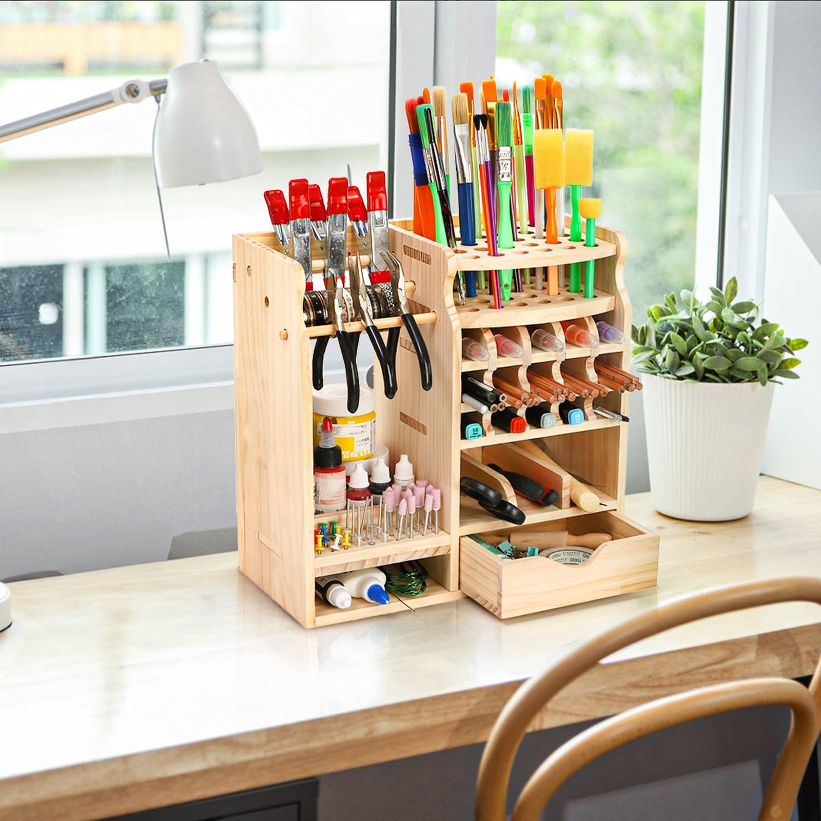 Mezchi Wooden Screwdriver Organizer Holder, 50 Slots Workbench Organizer with Drawer, Small Tool Organizer Storage, No Assembly Required Paint Brush Holder, Hobby Organizer for Paint Brushes, Tools