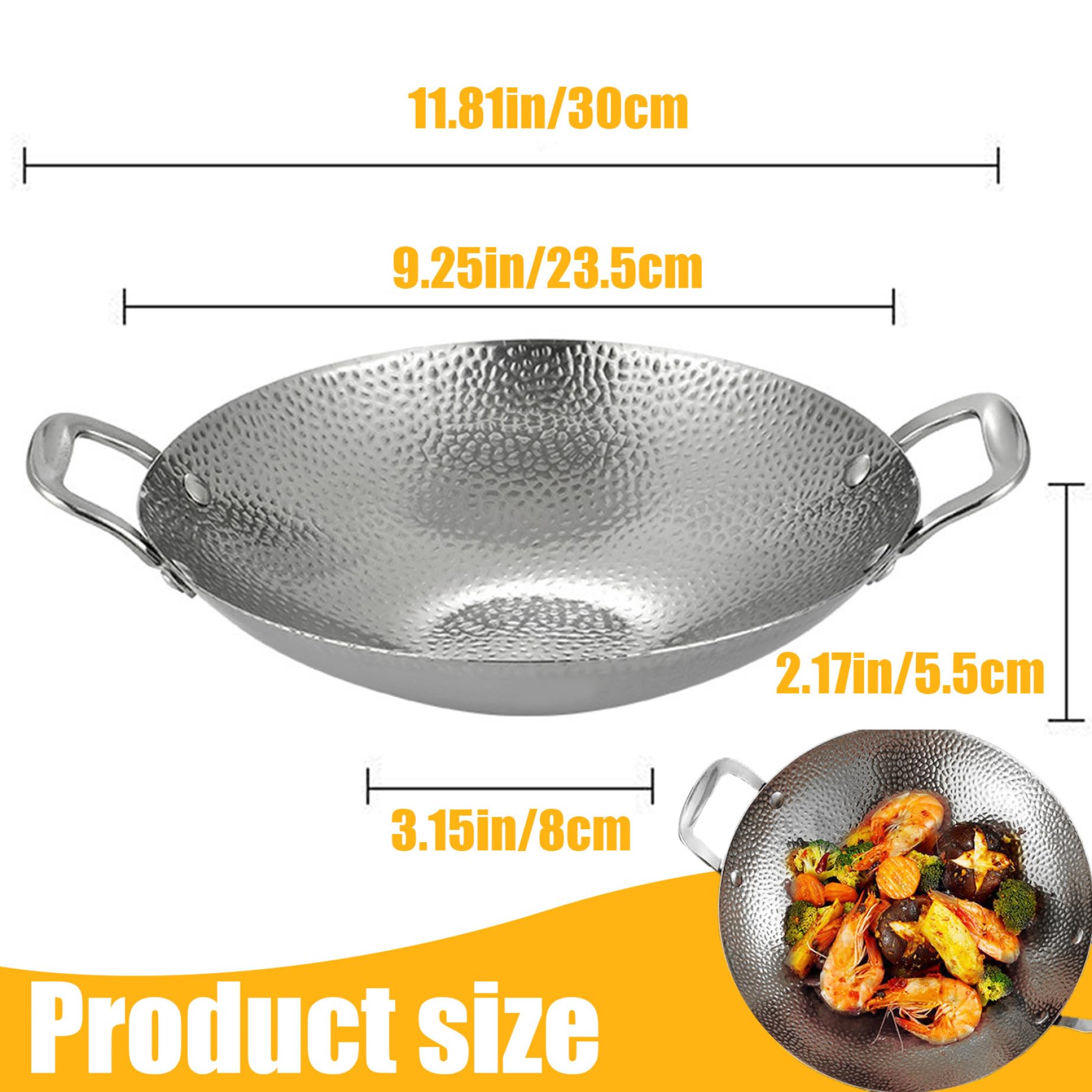 SHITOOMFE Mini Wok Stainless Steel Wok, 9 inch Dual-Handled Mini Wok, Nonstick Round Bottom Wok, Thick Induction Wok for Stir-Fry, Soups and Pastas