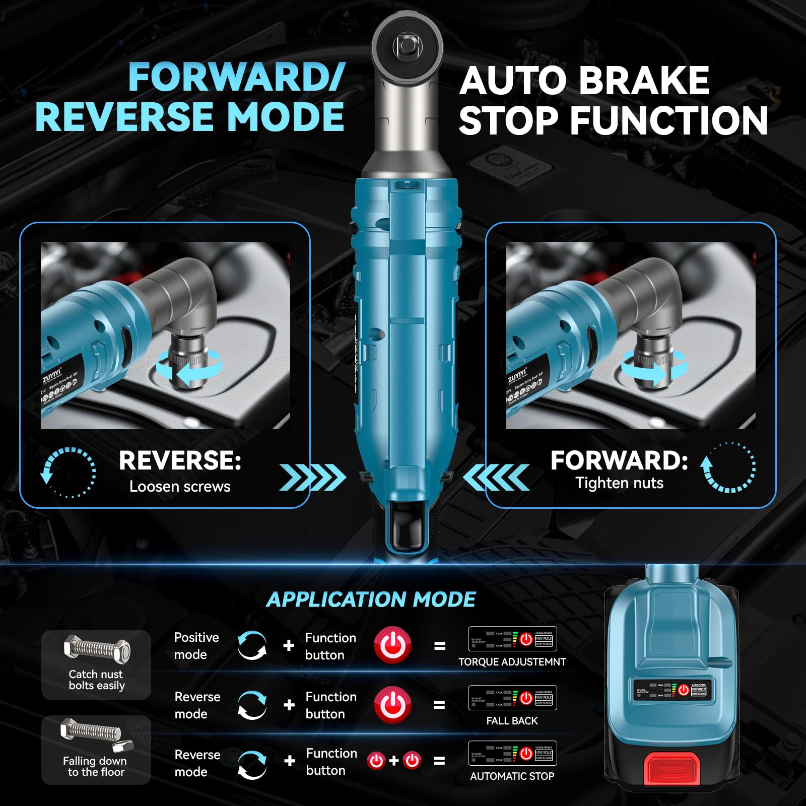 ZUYIYI 133Ft-lbs Cordless Ratchet Wrench 3/8" Set, 21V Electric Ratchet Wrench, 2250RPM Power Right Angle Wrench with 8 Sockets, 1/4" Adapter, 3" Extension Bar, 2× 2.0Ah Batteries & Charger